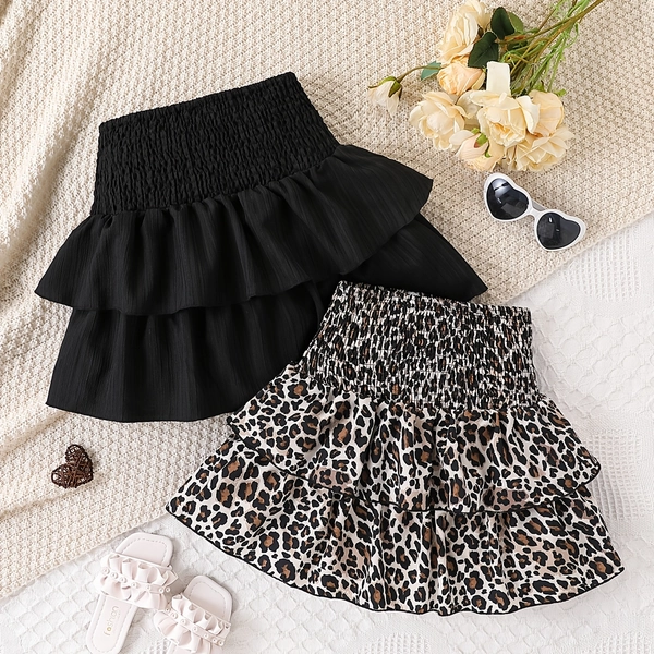 ' Fashion Sweet And Cool Solid Color Leopard Print High-Waisted Layered Cake Skirt Suitable for Spring And Summer, Versatile Puff Skirt & Two-Piece Set for Ages 8-12.