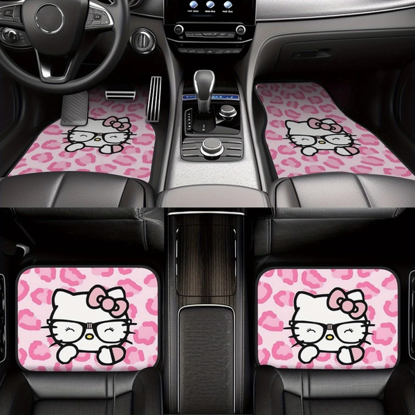 Hello Kitty Universal Car Floor Mats with Pink Leopard Print And Cute Glasses Design 4pcs 100 Percent Polyester Fiber Non-Slip Decorative Car Interior Additions for Kawaii Automotive Styling And Protective Trunk Liners