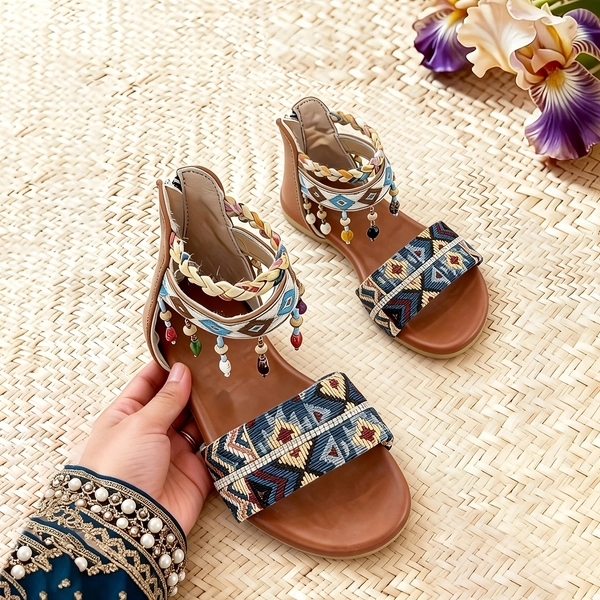 [Kids' Summer Sandals] Bohemian Beaded Kids Sandals, Girls' Ethnic Print Flat Shoes for Summer Beach & Casual Wear