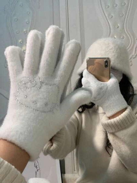 Sanrio 1pc Hello Kitty Rhinestone Knitted Gloves, Cute Cartoon Design, Warm And Windproof For Winter, Flexible And Convenient For Driving, Office Use