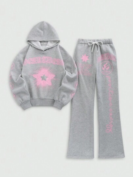 StreetHx 2pcs Women's Spring & Autumn Letter And Pentagram Print Hooded Sweatshirt And Drawstring Waist Pants Casual Set Fall Cloth For Women