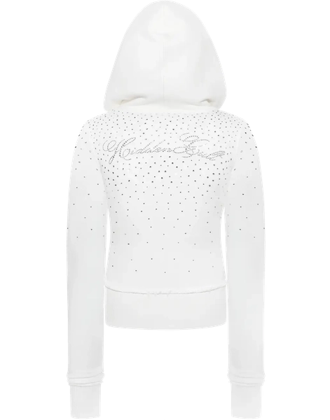 Rhinestone White Fitted Zip Hoodie