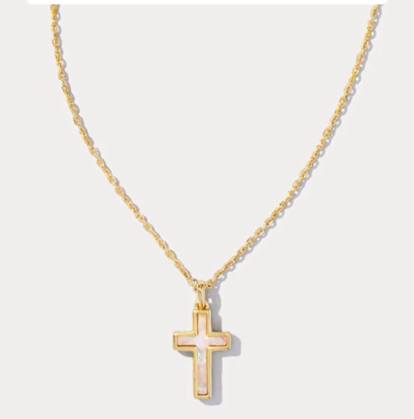 Cross Gold Pendant Necklace in White Lab Grown Opal