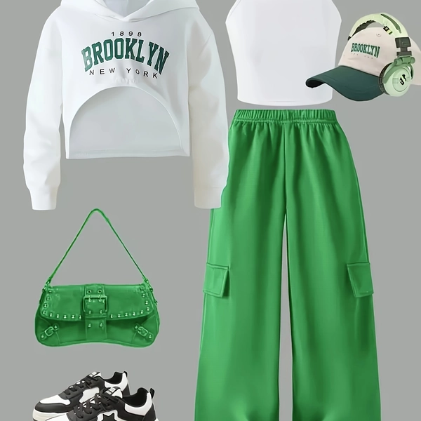 Girls' Sports Three Piece Set Is Fashionable And Casual, Suitable For Outdoor And Daily Wear