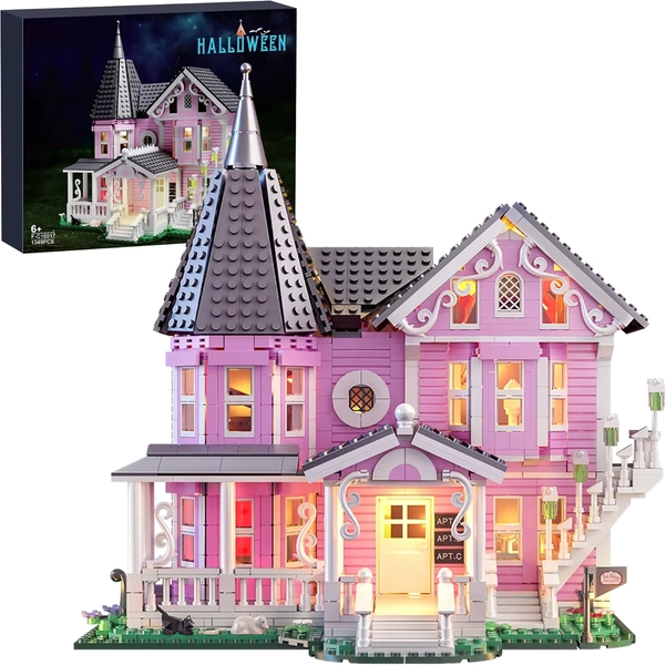 Zestaw klocków Pink Palace Apartment Building, 1349 elementów, Halloweenowy Nawiedzony Dom z Oświetleniem, Kompatybilny z Lego, dla Dzieci