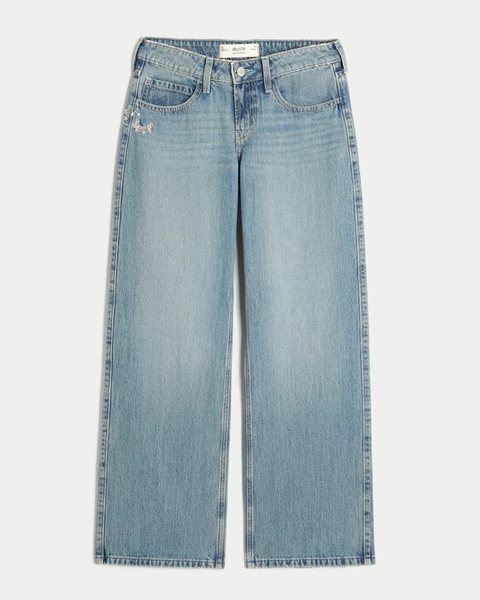 Low-Rise Medium Wash Butterfly Graphic Baggy Jeans
