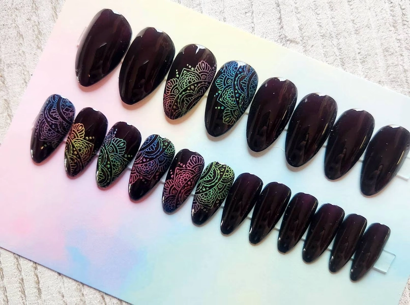 Rainbow Neon Mandala Press On Nails | Dark Burgundy, Henna Style
