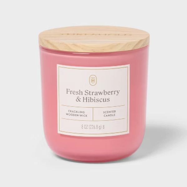 Wooden Wick Fresh Strawberry and Hibiscus Jar Candle Dark Pink 8oz - Threshold™