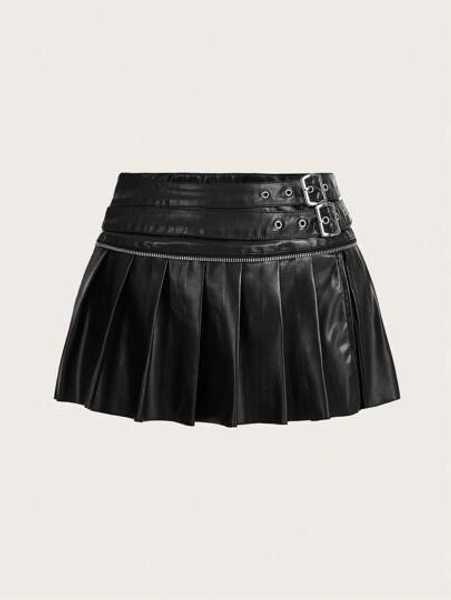 SHEIN ICON Low Waist Double Belted Pleated Slit Skirt
