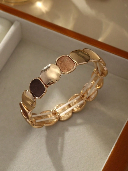 Cring Coco Elegant Vintage Minimalist Style Elastic Zinc Alloy Bracelet For Women - KC Gold Plated Oval Glossy & Matte Design, Versatile For Daily Wear, Formal Events, Sophisticated Gift