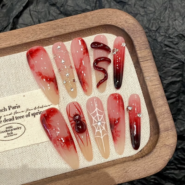 10pcs Halloween Ultra Long Almond Press On Nails Wearable Red Gradient Handmade False Nails With 3D Spider Snake Decor Finished - AliExpress 