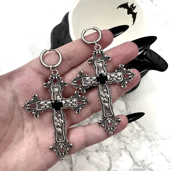 Gothic Large Silver Colour Tone Jewel Cross Earrings with Black Punk Hallowmas Jewellery Gorgeous Wedding Statement Women - AliExpress 