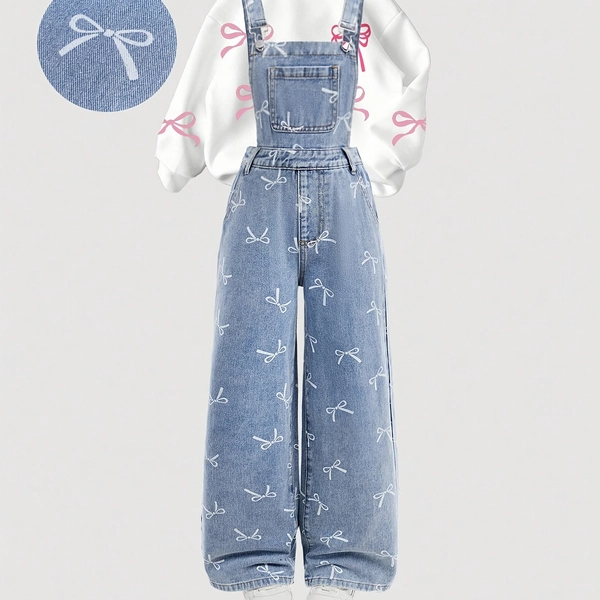 Y2K Loose Denim Overalls for Girls 8-12 | Bow Print, Soft, Trendy Coquette Style, Preppy Style, Perfect Gift for Kids, Back to School, Daily Casual, Spring Essential, Valentines Day Outfits - PEACEFUL NOISE, for Outdoor