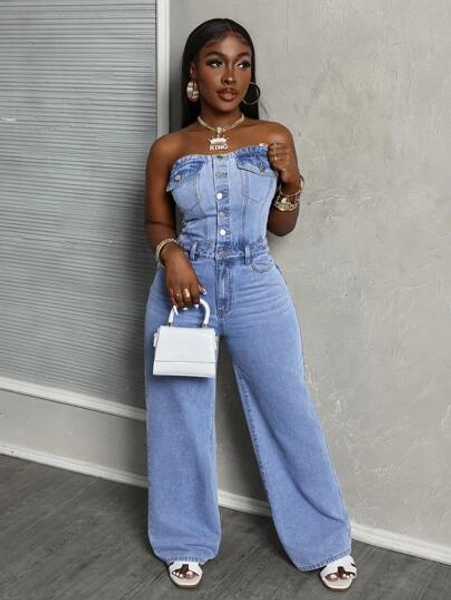 Slaydiva Women Strapless Denim Jumpsuit With Front Button Placket, Pockets, And Sleeveless Design