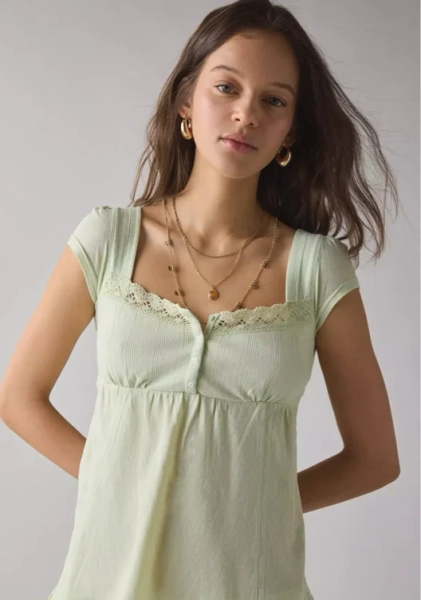 BDG Sawyer Lace Trim Short Sleeve Babydoll Top