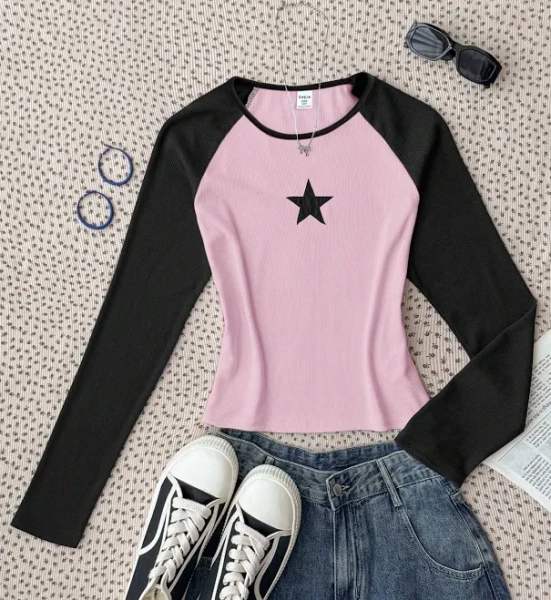 SHEIN Tween Girl Slim Fit Long Sleeve Ribbed Knit T-Shirt