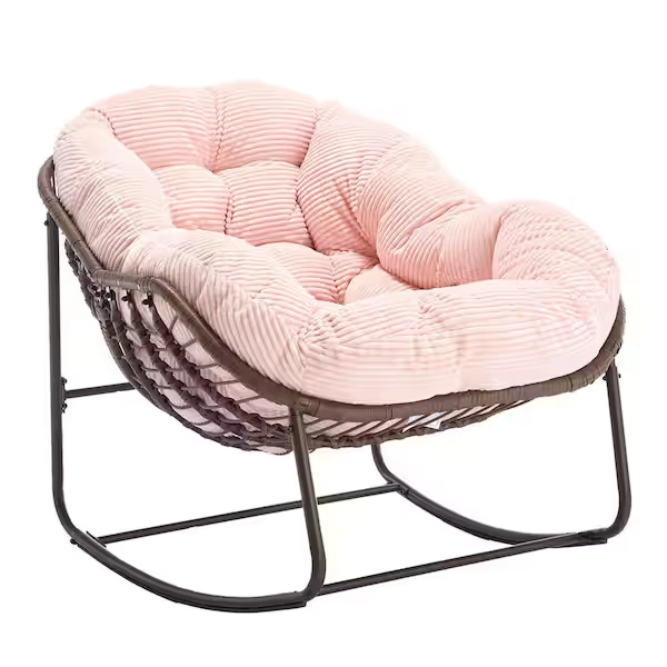 HOMEFUN Deluxe Oversized Steel Rattan Wicker Padded Outdoor Rocking Chair with Pink Corduroy Cushion HFHDHW-850PI