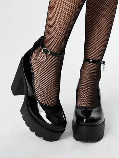 ROMWE Goth Women's Closed Toe Cross-Strap Mary Jane Shoes, Punk Goth Platform Thick Heel One-Strap Buckle Strap JK Uniform Shoes, Waterproof Work Heels
