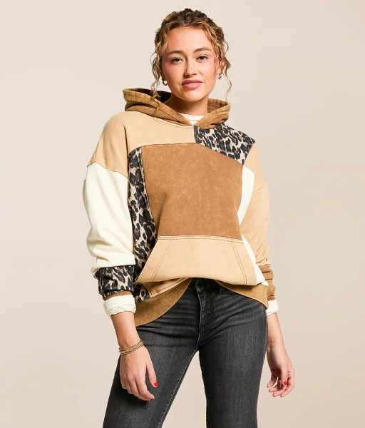 Small Pieced Cheetah Pieced Cheetah Print Hooded Sweatshirt
