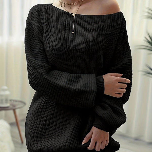 Plus Size - Rice Leaf Off-Shoulder Solid Color Casual Loose Sweater Dress