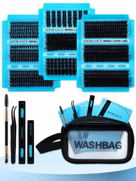 755pcs D Curl Volume Fluffy CLuster Lashes Kit, 30D-40D-50D/60D-80D-100D/JH02-JH04-JH08 9 Styles Mixed 10-18mm Individual Lashes Kit With Waterproof Travel Cosmetic Bag, BOND&SEAL, Lash Remover, Tweezers And Brush For DIY At Home&Dates&Party&Travel