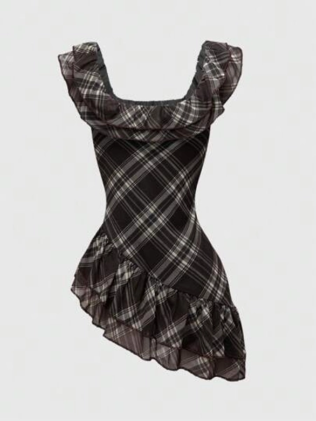 ROMWE J-Fashion Y2K Retro Plaid Hemline Asymmetrical Crop Top - Size S