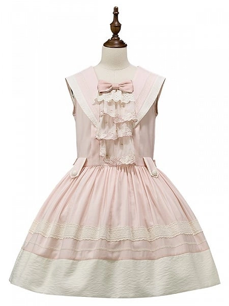 [£107.80]Pink Sailor Collar Lolita Dress with Beige Trims and Lace Bow Accent