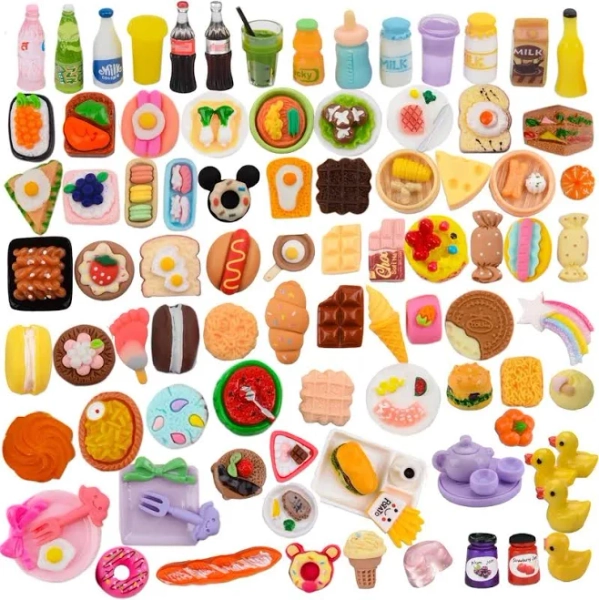 MUYIZI 100Pcs Miniature Food with Storage Box Mini Food Miniature Doll House Accessories Small Resin Doll Food Dollhouse Food Se