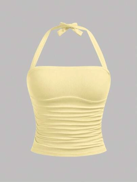 Girlism Teen Girls' Spring & Summer Casual, , All-Match, Daily, Versatile, Teenager Vacation Tube Gathered Elastic Bowknot Fitted Camisole Top Halter Top Yellow Top Bow Top Tie Back Top Ribbed Halter Top