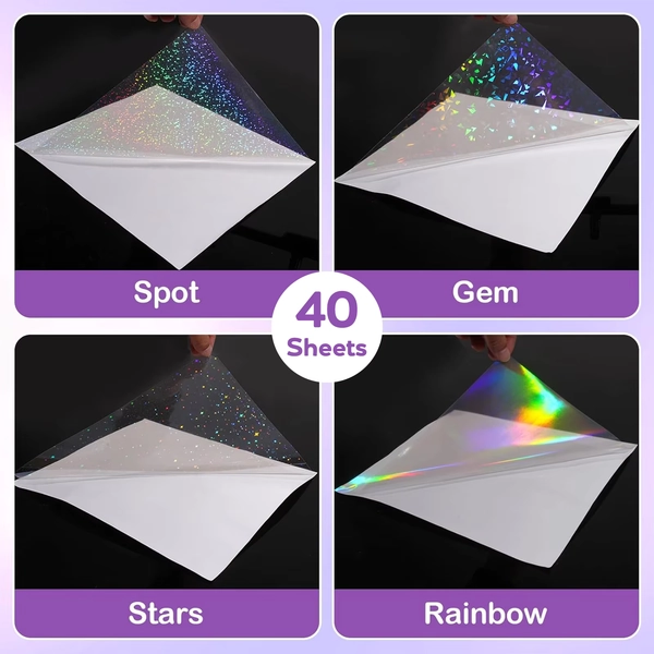 40 Sheets A4 Clear Holographic Cold Lamination Film 8.3×11.7" Self-Adhesive Film 4 Styles Mixed: Diamond, Rainbow, Stars, Dots