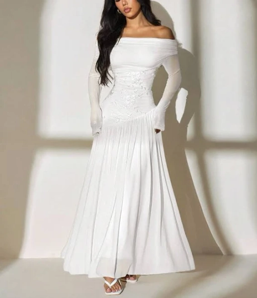 SHEIN New Style One-Shoulder Long-Sleeved Contrasting Mesh Embroidery Asymmetrical Hem Splicing Super Long High Elastic Slim Dress Elegant And