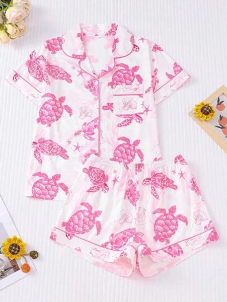2 Pieces Set Women Cute Sea Turtle Print Pajamas, Casual Cardigan Top And Elastic Waist Shorts, Suitable For Party, Loungewear And Homewear, All Seasons