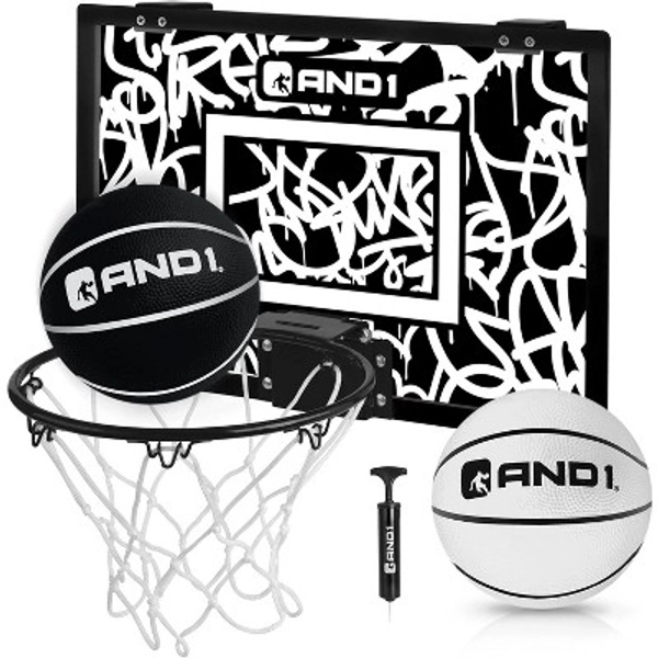 AND1 Over the Door Mini Basketball Hoop: 18x12 Shatterproof Backboard, 2 Mini Basketballs, and Hand Pump Included - Ultimate Indoor Accessory