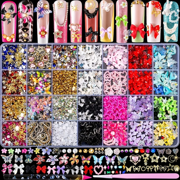 2500pcs 3D for nail Charms and for nail Gems | Cute for nail Rhinestones and Charms Y2K for Nails Design, Variety Butterfly Bow Moon Star Flower Junk Case Charms Golden Pearls for nail Jewels for Nail Art Decorations with Pick Up Pen and Tweezers