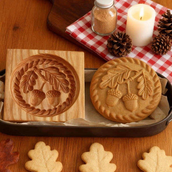 Circular Acorn Gingerbread Mold: Wooden Cookie Mold