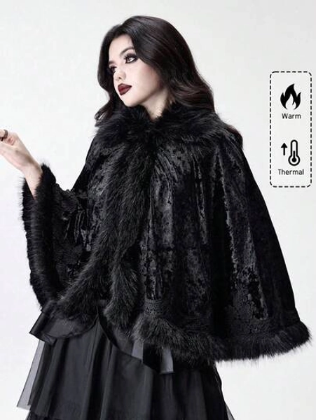 ROMWE Vintage Palace Patchwork Faux Fur Collar Diamond Velvet Lace Trim Gothic Cloak