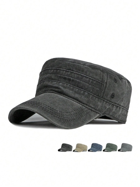 1pc Unisex Washed Distressed Flat Top Cap, Summer Casual Sun-Shading Military Hat, Outdoor Windproof Visor Hat, Suitable For Matching Outfits