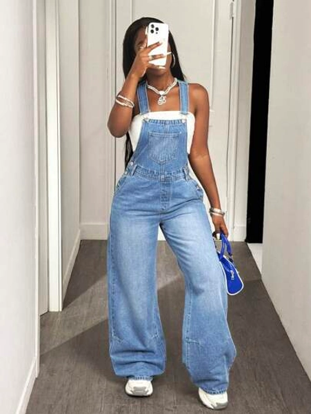 Slaydiva Women's Casual Washed Loose Denim Bib Pants