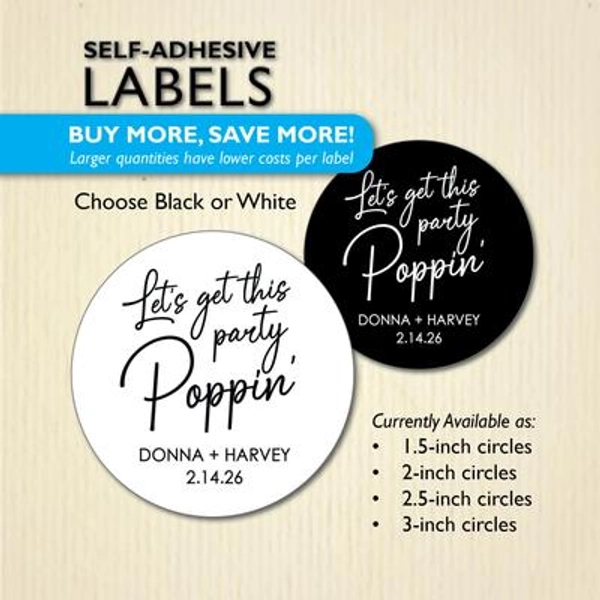 Let's Get This Party Poppin Stickers, Modern Wedding Labels, Popcorn Boxes, Bags, Caramel Corn, Popcorn Balls, Black or White, Personalized
