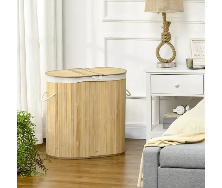 HOMCOM Cesto de Roupa Suja com Tampa 100L Cesto de Bambu com 2 Compartimentos Forro Interior Removível e Lavável Alças para Lavandaria Quarto 62,5x37x60,5 cm Madeira