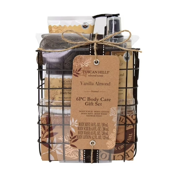 Tuscan Hills Body Care Gift Set with Shower Caddy, Vanilla Almond Scent, 6 Piece