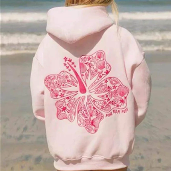 New Pink Palm Puff Embroider Printing Hoodies for Women Autumn Winter Sweatshirt Fashion Hooded Pullover Ladies Streetwear
