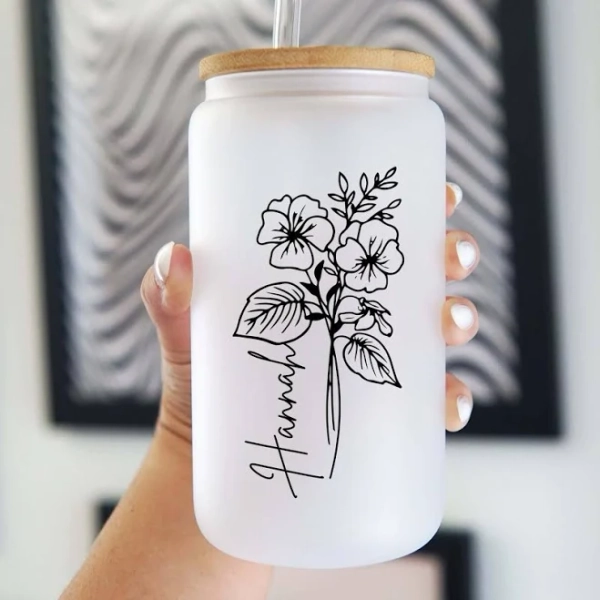 Custom Name and Birth Flower Glass Cup with Lid and Straw