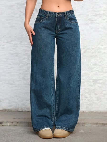 SHEIN ICON Solid Color Pocket Casual Versatile Wide-Leg Jeans