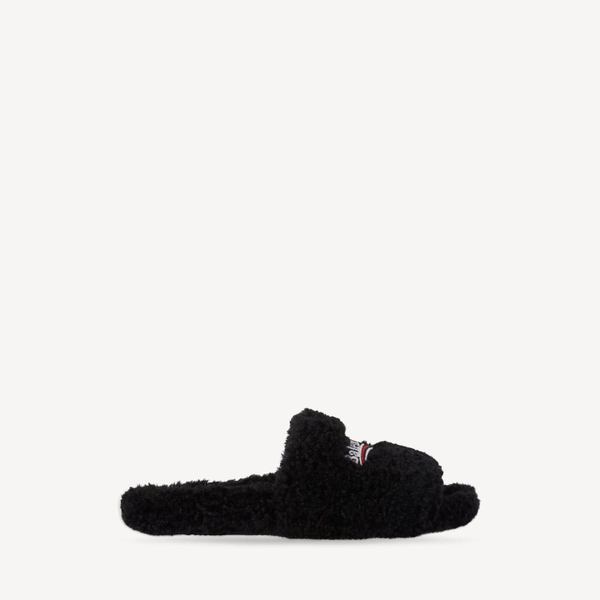 Women's Furry Open Mule in Black/white/red