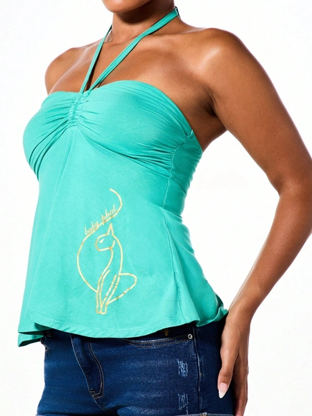 BABYPHAT Y2K Style Tie Neck Halter Bandeau Top With Ruched Bust, Flowy Hem And Gold Side Print