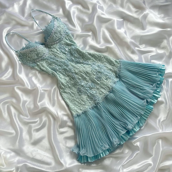 ❄️✨Powder Blue Sparkling Charming Retro Princess Stunning Unique Fashionable Beautiful Elegant Delicate Lace Short Lace Sequin Homecoming Dress Prom Dress Evening Dress Birthday Party Dress Prom Dress