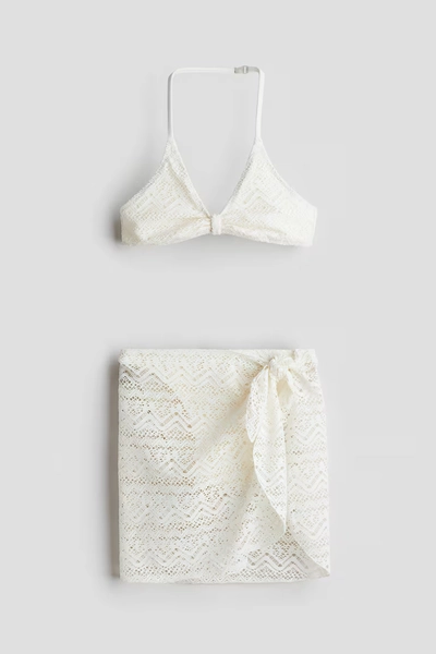 3-piece crochet-look swim set - White