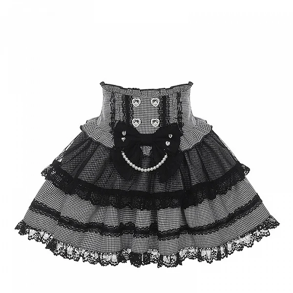 [$65.00]Black & White Houndstooth Jirai Kei High-Waisted Tiered Skirt with Lace & Bow Details