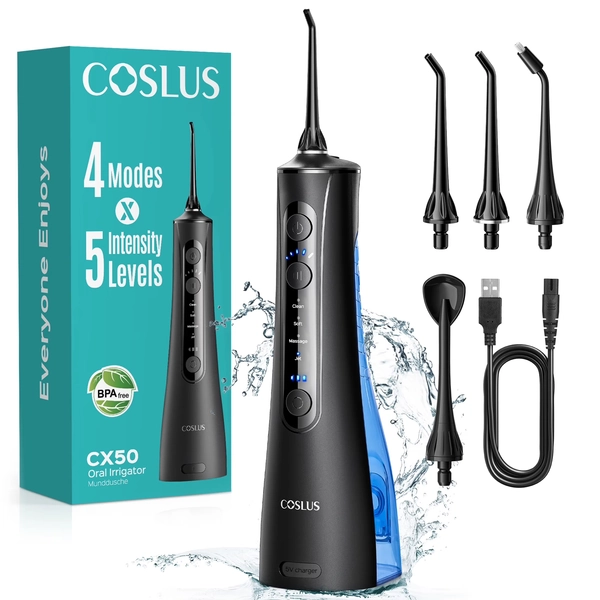 COSLUS Water Dental Flosser Pick For Teeth,4 Modes 5 Intensities,Portable Rechargeable Water Dental Flosser  Oral Irrigator for Travel Home Black